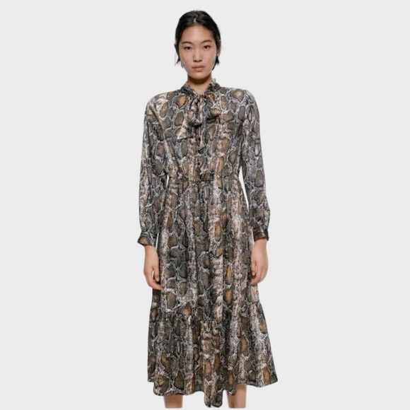 Zara Dresses & Skirts - Zara RIVER ISLAND long sleeved midi dress, reptile print, size XS